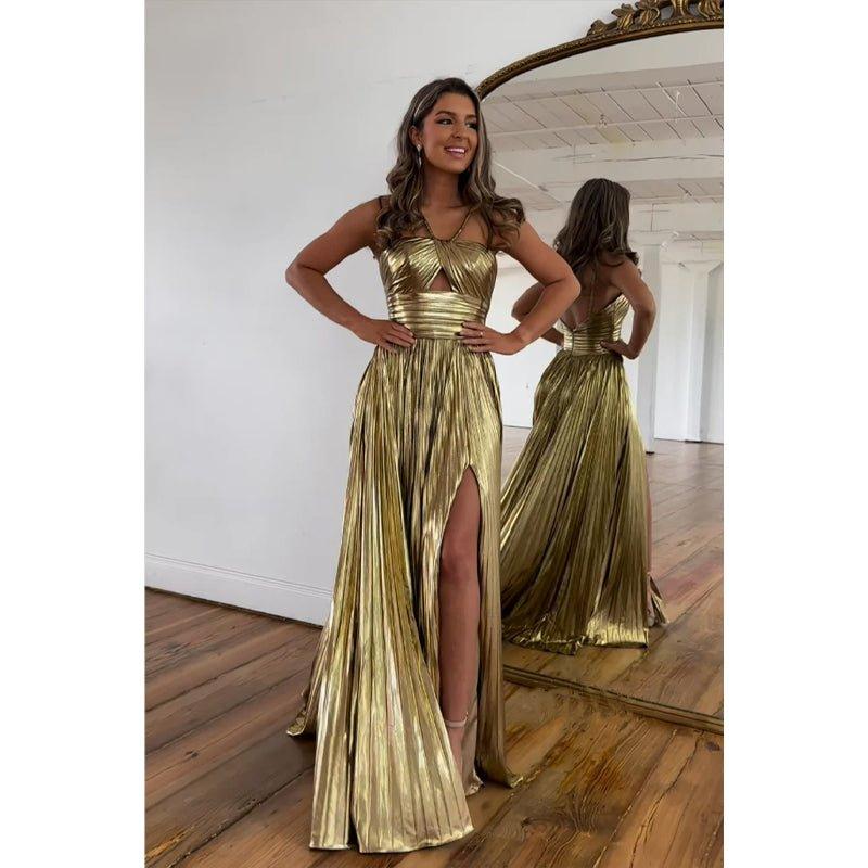 Atractivos vestidos de noche formales largos con tirantes finos y corte en A