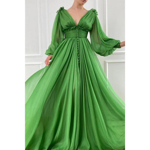 Atractivo vestido de noche formal de corte A con mangas largas de tul verde y escote en V profundo 
