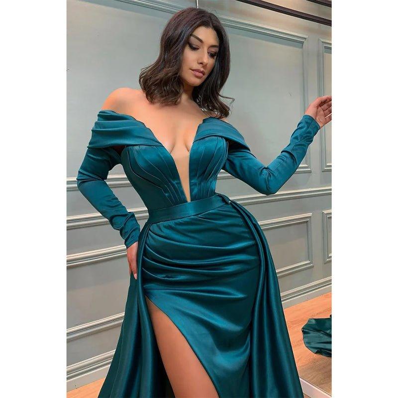 Atractivo vestido formal de sirena con escote en V profundo, pliegues de satén, mangas largas y abertura. 