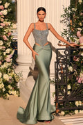 Robe de bal longue et attrayante, style sirène, bretelles spaghetti, dentelle et perles, sans manches, couleur sauge poussiéreuse