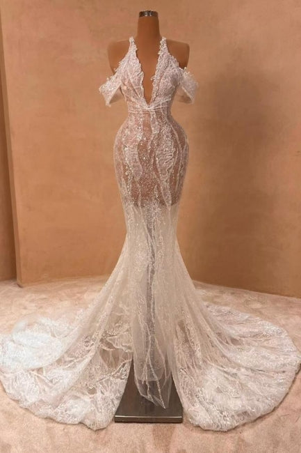 Robe de bal sirène longue et attrayante, ivoire, dos nu, épaules dénudées, fendue sur le devant, avec dentelle