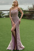 Atractivo vestido largo de sirena sin tirantes, de encaje brillante, sin mangas, con abertura, para baile de graduación.