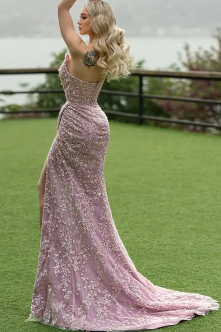 Atractivo vestido largo de sirena sin tirantes, de encaje brillante, sin mangas, con abertura, para baile de graduación.