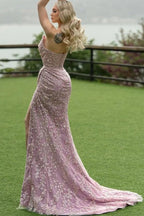 Atractivo vestido largo de sirena sin tirantes, de encaje brillante, sin mangas, con abertura, para baile de graduación.