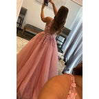 Robe de bal longue rose à col en V et appliques 3D 