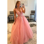 Robe de bal longue rose à col en V et appliques 3D 