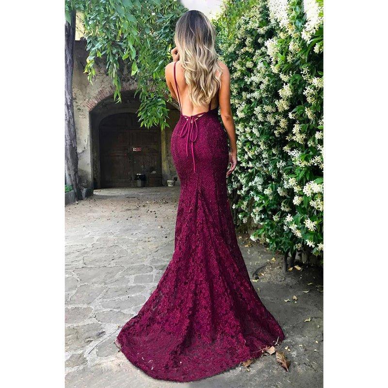 Atractivo vestido de fiesta de sirena con escote en V y encaje burdeos sin espalda 