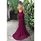 Atractivo vestido de fiesta de sirena con escote en V y encaje burdeos sin espalda 