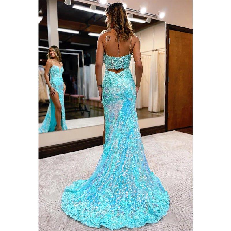 Robe de bal attrayante à col en V, appliques en dentelle et paillettes avec fente