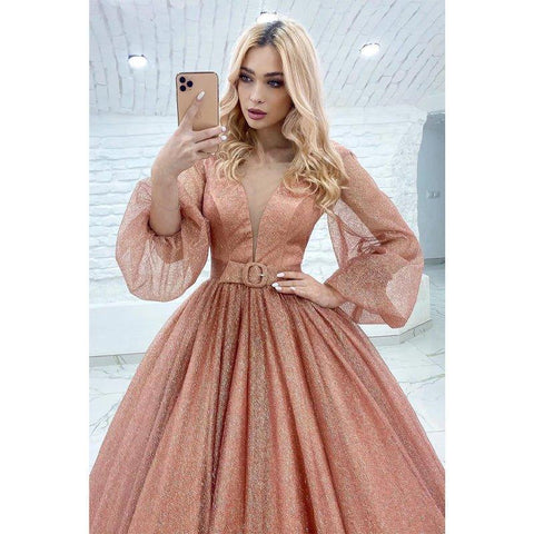 Atractivo vestido de fiesta brillante con escote en V, mangas largas y bolsillos