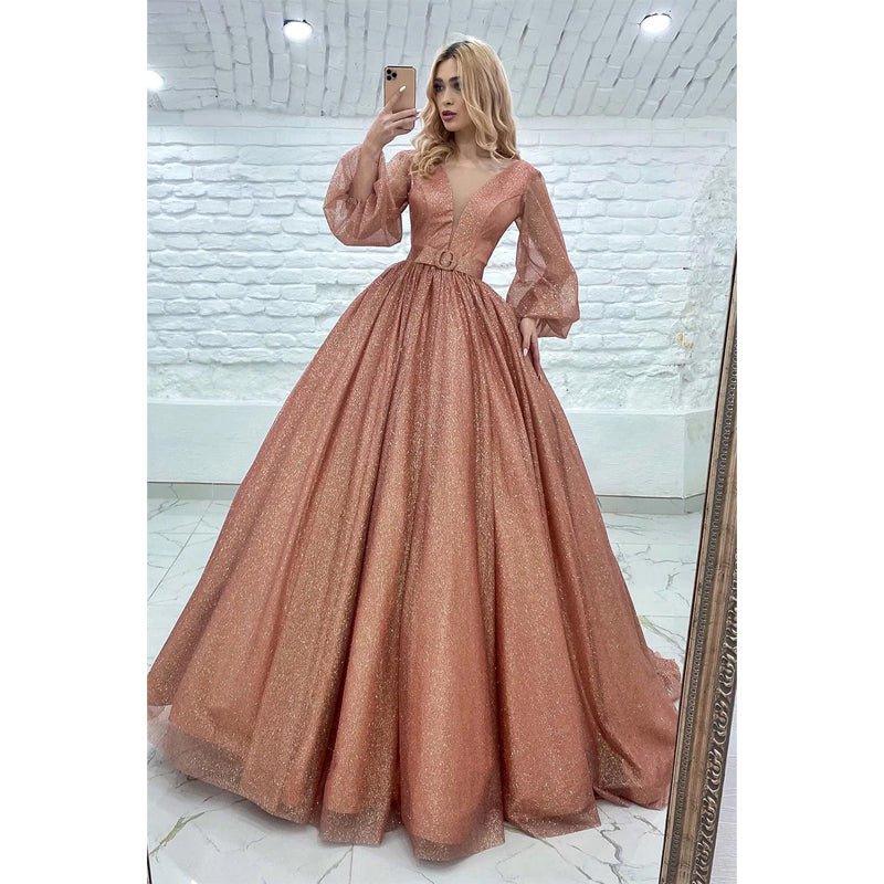 Robe de bal scintillante à manches longues et col en V avec poches