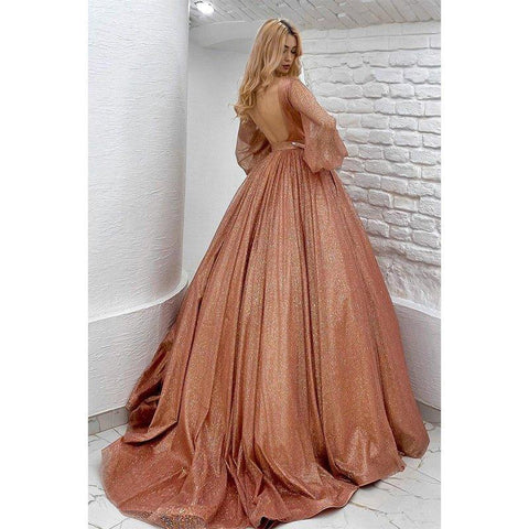 Atractivo vestido de fiesta brillante con escote en V, mangas largas y bolsillos