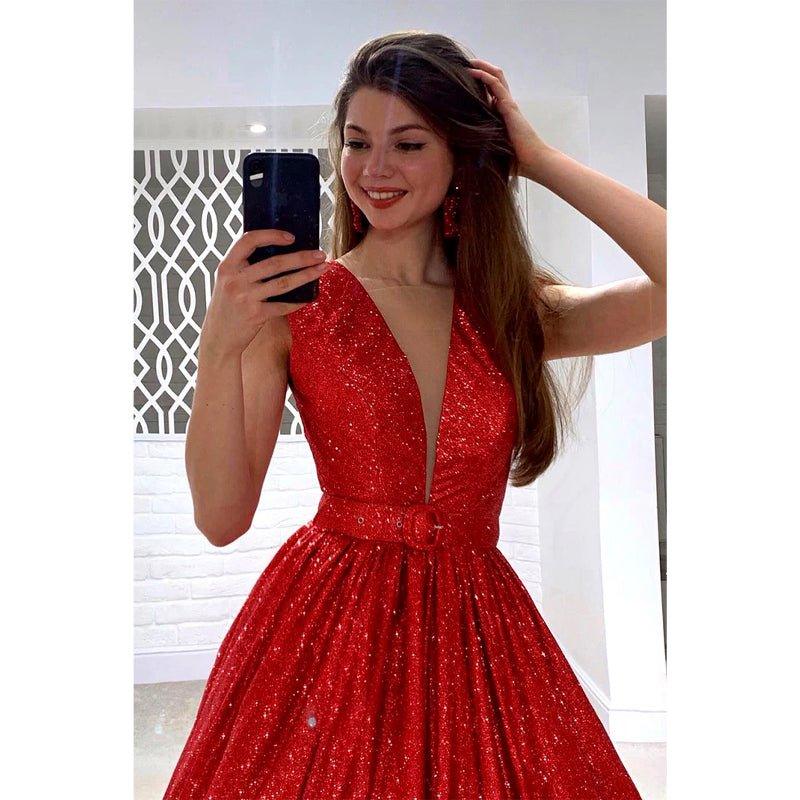 Robe de bal rouge scintillante à col en V