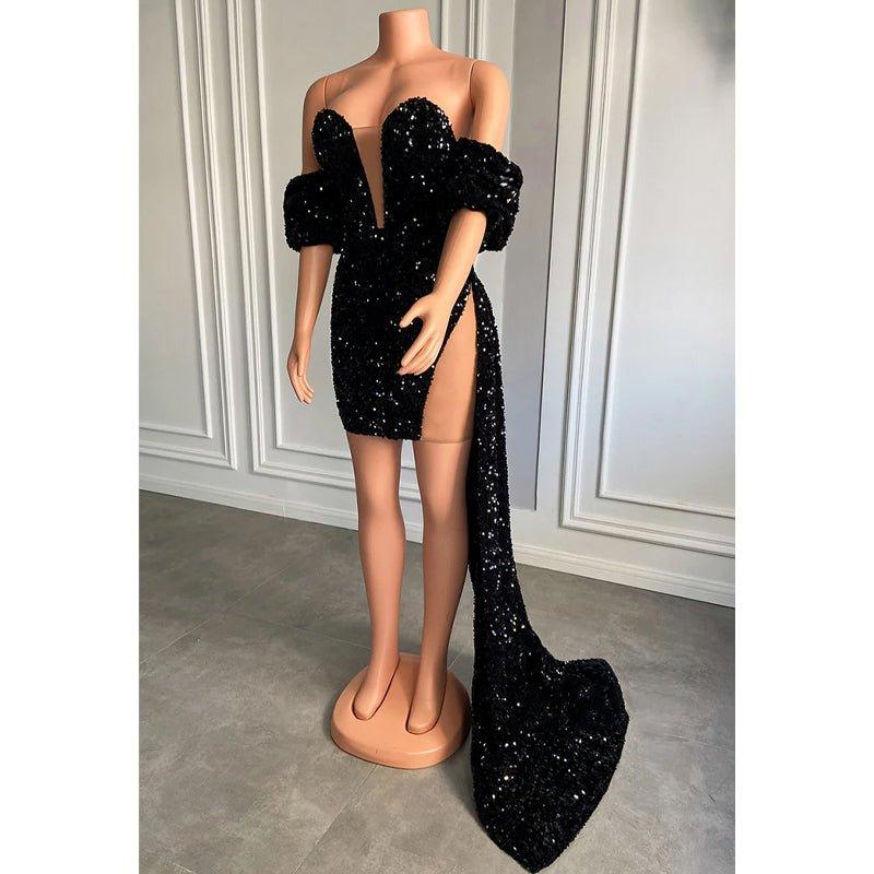 Atractivo vestido de fiesta con escote en V, mangas cortas, lentejuelas y brillantes para chicas negras.