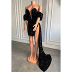 Atractivo vestido de fiesta con escote en V, mangas cortas, lentejuelas y brillantes para chicas negras.