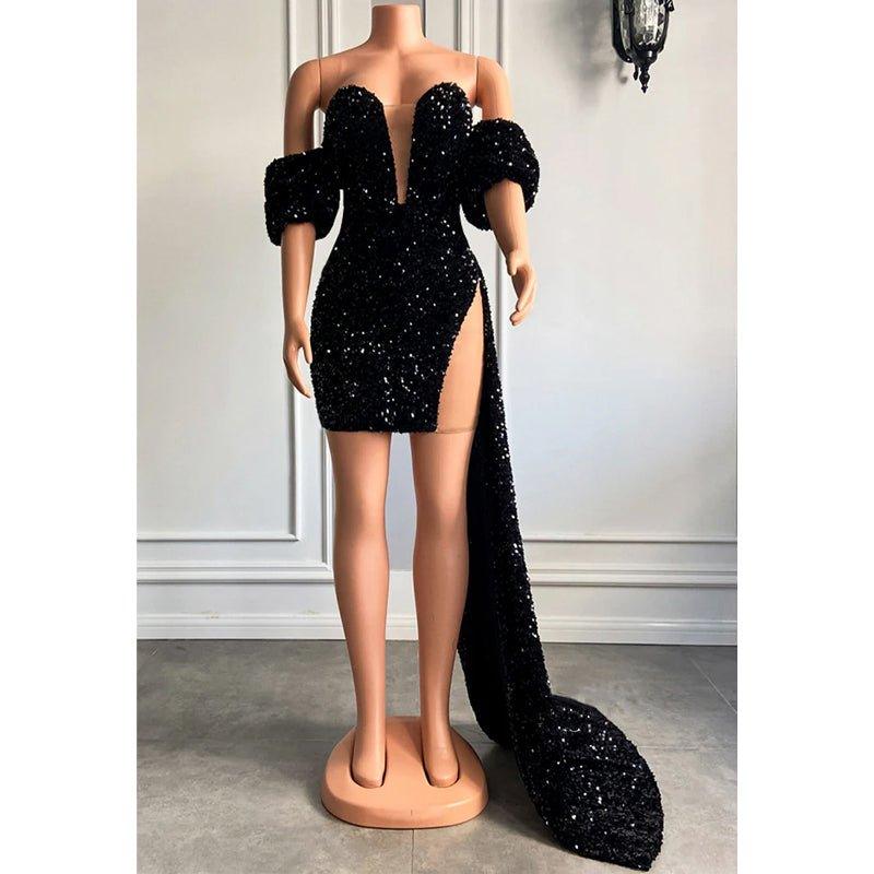 Atractivo vestido de fiesta con escote en V, mangas cortas, lentejuelas y brillantes para chicas negras.