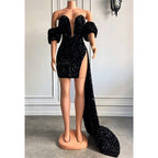 Atractivo vestido de fiesta con escote en V, mangas cortas, lentejuelas y brillantes para chicas negras.