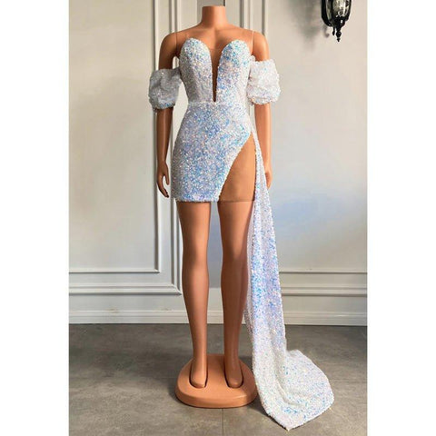 Atractivo vestido de fiesta con escote en V, mangas cortas, lentejuelas y brillantes para chicas negras.