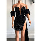 Atractivo vestido de fiesta con escote en V, mangas cortas, lentejuelas y brillantes para chicas negras.
