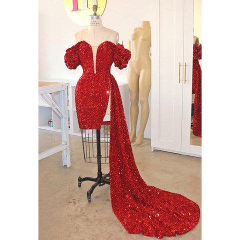 Atractivo vestido de fiesta con escote en V, mangas cortas, lentejuelas y brillantes para chicas negras.