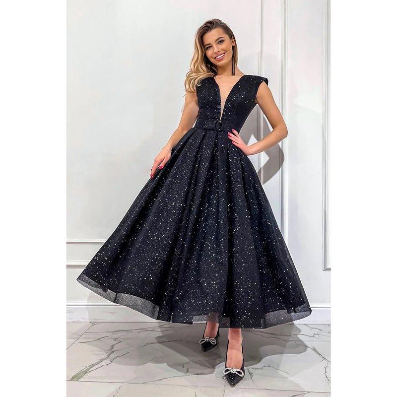 Robe de bal vintage noire en tulle à col en V et paillettes