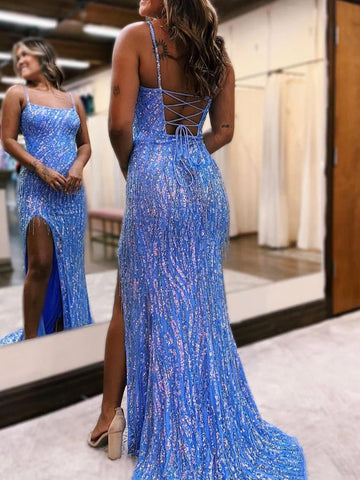 Aurum | Robe de bal longue sirène rose fuchsia à sequins et perles, col rond