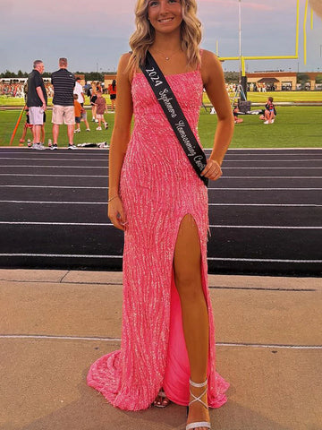 Aurum | Robe de bal longue sirène rose fuchsia à sequins et perles, col rond