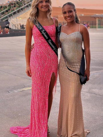 Aurum | Robe de bal longue sirène rose fuchsia à sequins et perles, col rond