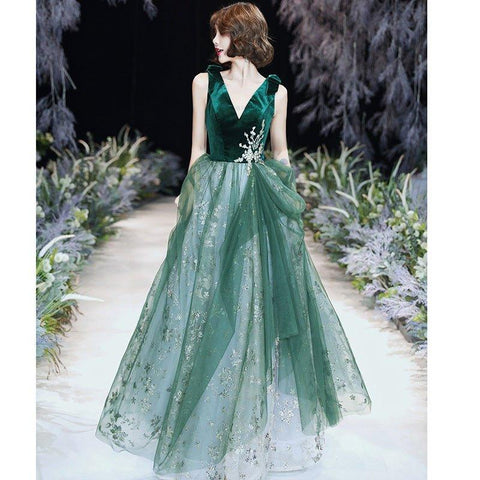 Vestido de noche verde sexy con temperamento de otoño e invierno para mujer