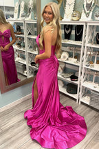 Konrad | Robe de bal longue sirène en satin plissé fendue, col V et nœud papillon