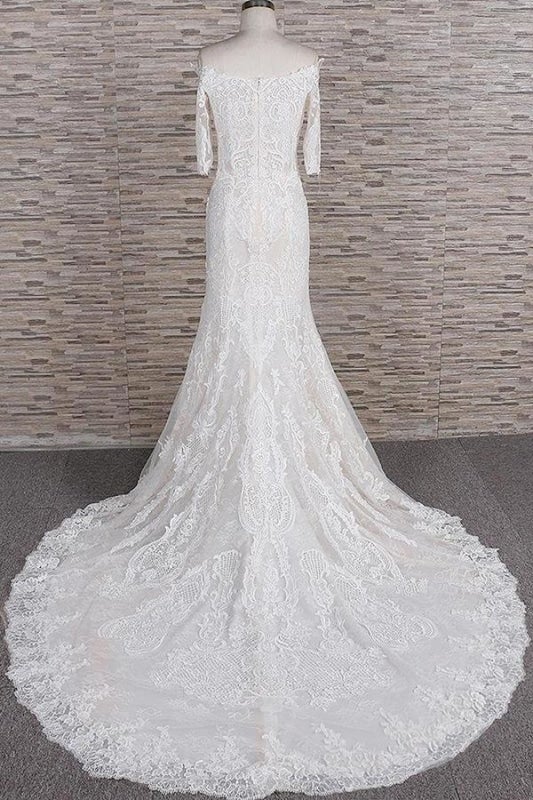 Magnifiques robes de mariée sirène à traîne courte et appliques. Élégantes robes de mariée sirène. 