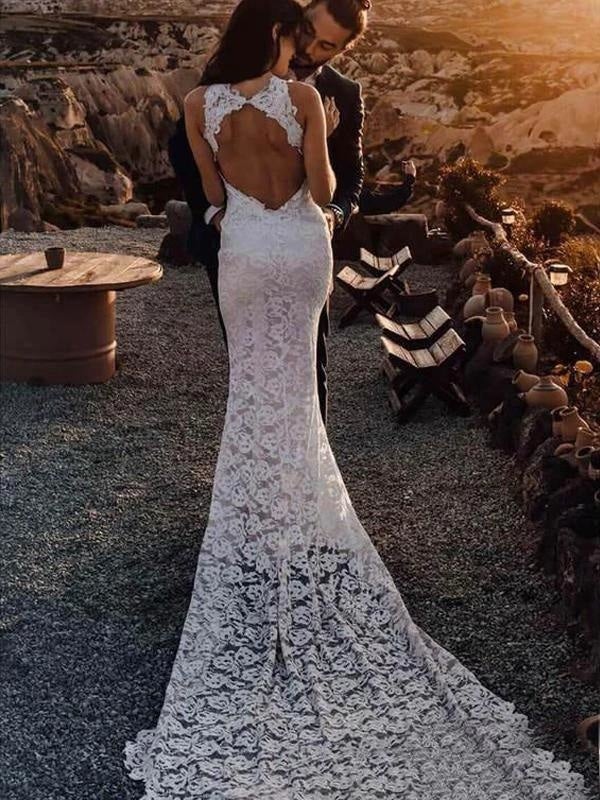 Magnifiques robes de mariée sirène élégantes à dos nu en dentelle, parfaites pour la plage 