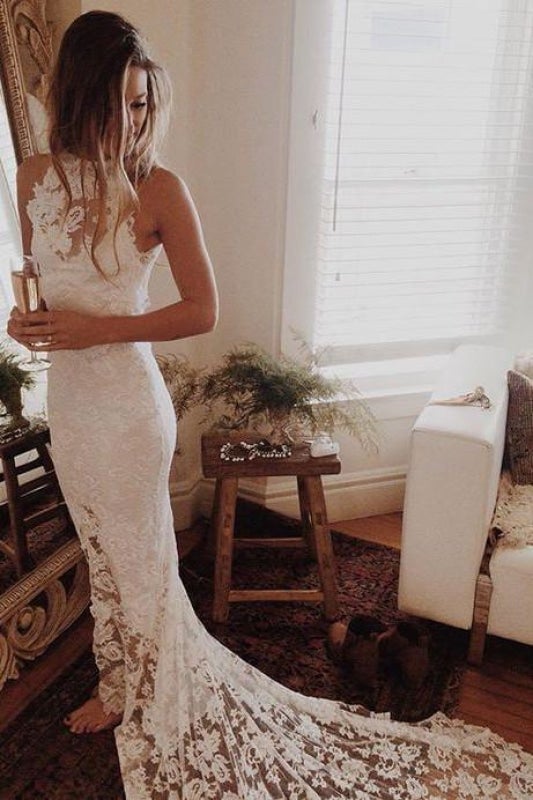Magnifiques robes de mariée sirène élégantes à dos nu en dentelle, parfaites pour la plage 