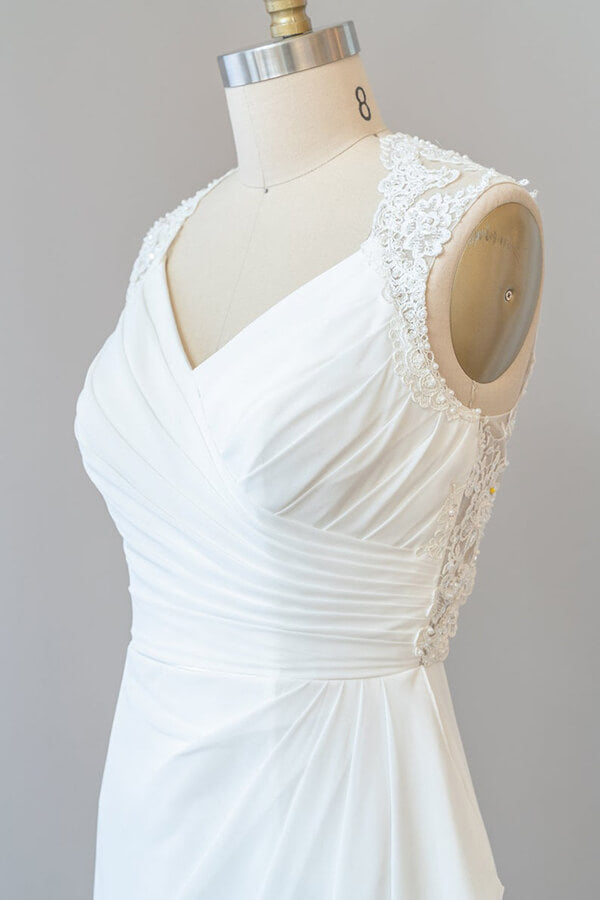 Impresionante vestido de novia largo de corte sirena, encaje y gasa sin espalda