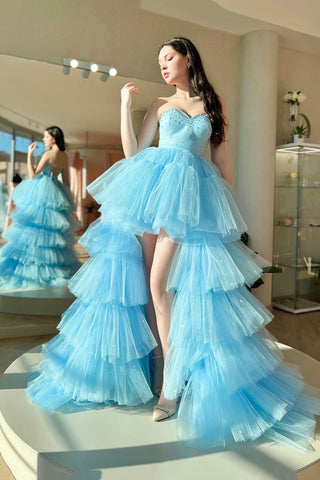 Blue Sweetheart Neck Tulle Long Prom Dress, Beautiful A-Line High Low Party Dress