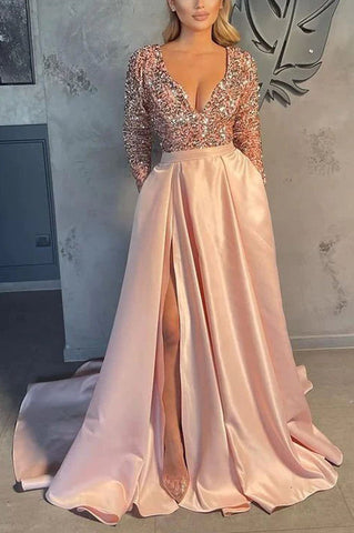 Magnifique robe de bal en satin à sequins, manches longues et col en V 