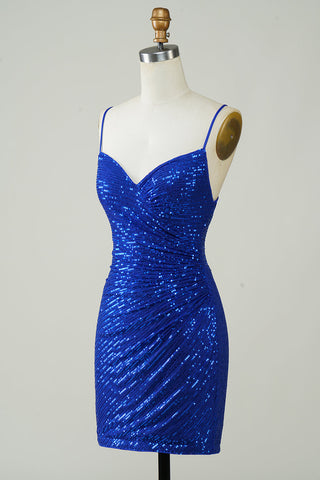 Blue Sequins Tight Backless Short Homecoming Dress