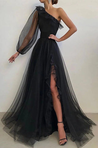 Robe de bal longue noire asymétrique à une épaule et à manches longues