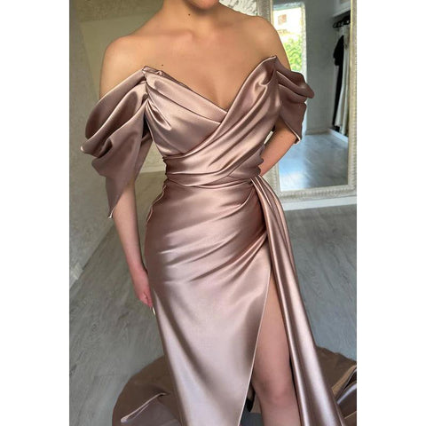 Sheath/Column Off-Shoulder Satin Ruched Long Prom Evening Formal Dress