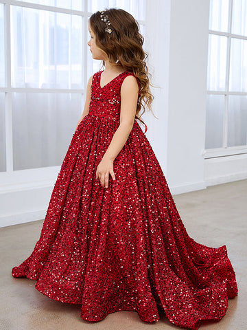 Deslumbrante vestido de princesa rojo con lentejuelas, escote en V y cola para niñas 