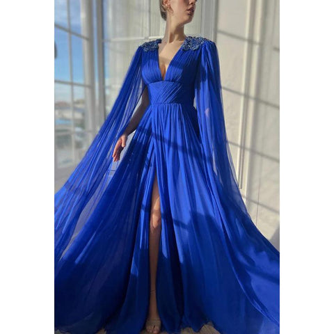 Robe de bal élégante et luxueuse, col en V, coupe trapèze, froncée, fente latérale, avec broderies