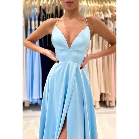 V-Neck Sheath/Column Satin Pleats Split Criss-Cross Straps Prom Dress
