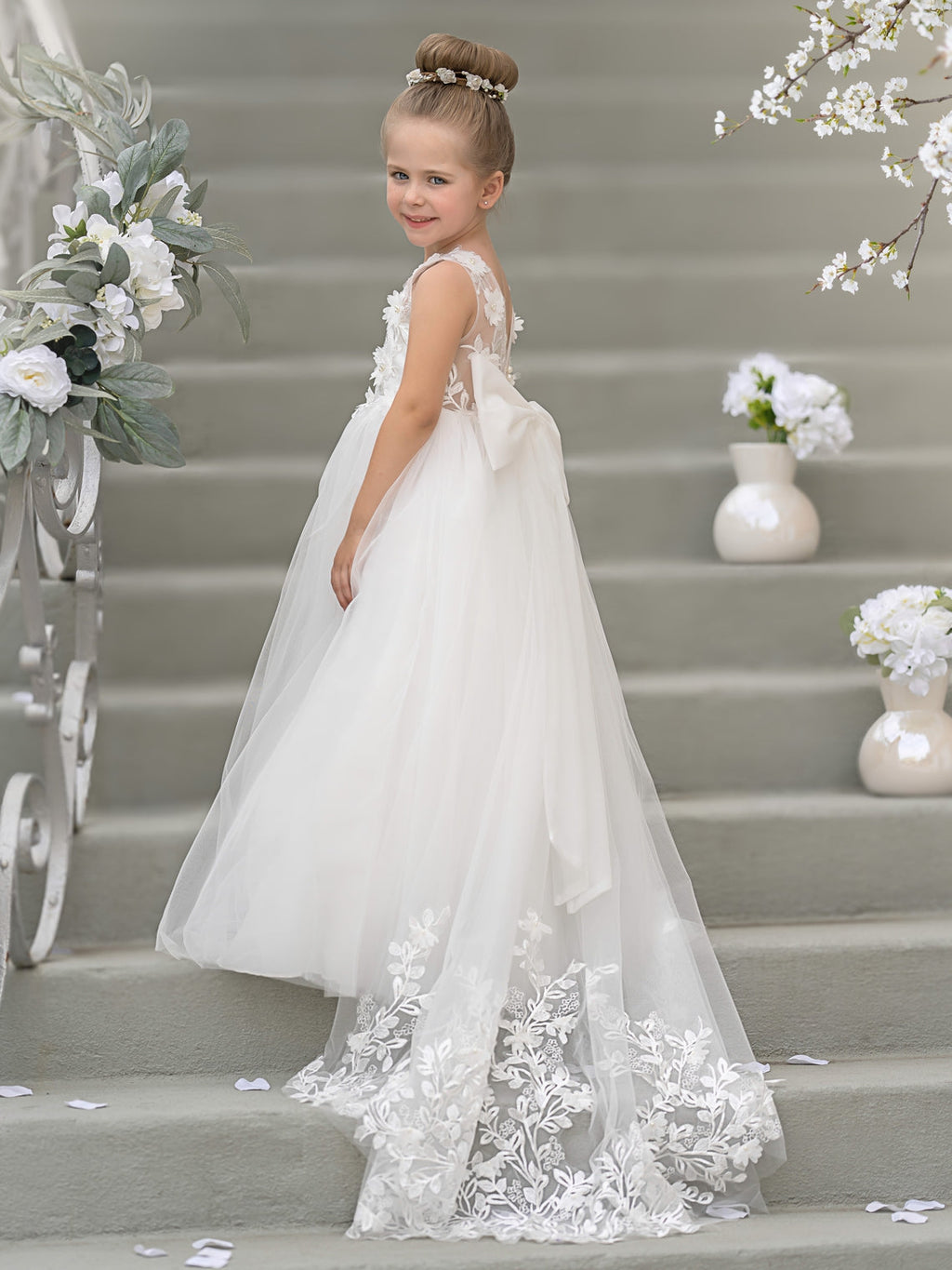 Vestido de niña de las flores sin mangas de encaje y tul con cuentas, estilo princesa de ensueño 