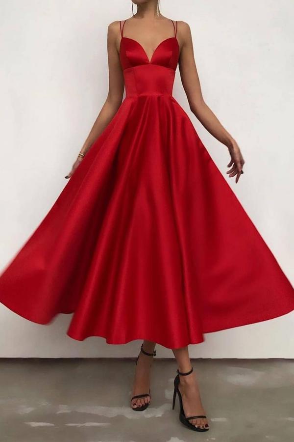 Vestido de fiesta rojo con tirantes finos, sin mangas, para baile de graduación