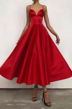 Vestido de fiesta rojo con tirantes finos, sin mangas, para baile de graduación