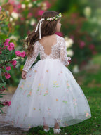 Vestido de niña de las flores de jardín, de tul bordado con encaje floral, corte en A y largo hasta el suelo 