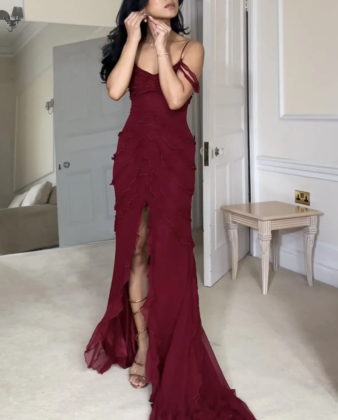Vestido de fiesta largo de gasa con abertura sexy estilo sirena Y7547