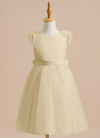 Vestido de niña de las flores de corte A, de satén y tul, hasta la rodilla 