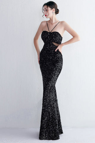 Vestido largo de fiesta negro con lentejuelas, estilo sirena, escote halter y abertura en forma de ojo de cerradura