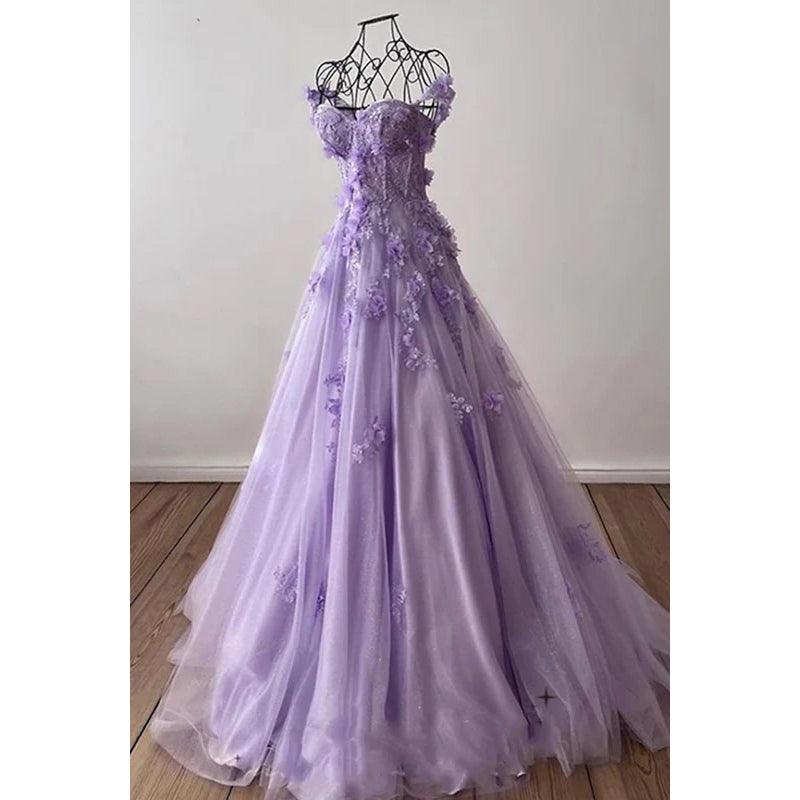 Vestido de noche glamuroso y dramático con hombros descubiertos, sin mangas, corte A y apliques